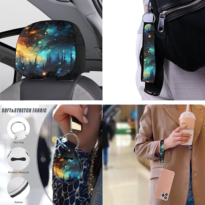 Galaxy Forest Car Seat Cover Full Set of 13, Oil Painting Vehicle Headrest Cover Cup Holder Coaster, Starry Night Impressionism Automotive Interior Covers for Sedan Truck