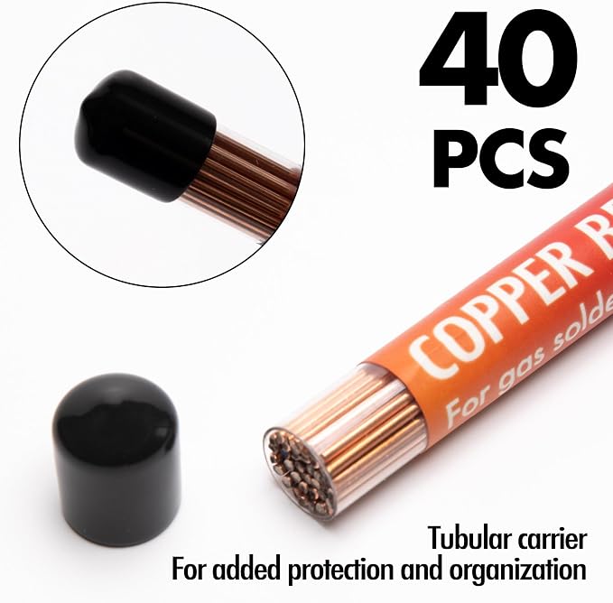 40 Sticks Copper Brazing Rods BCuP-2 (5/64" x 9.8") 2mm Phosphorus Round Self Fluxing Welding Brass Brazing Rod Sticks TIG Arc Pipes for Air Conditioner Refrigerators Pipe Gas
