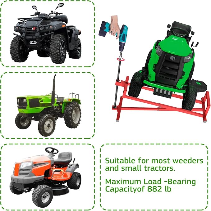 Lawn Mower Lift Jack, Lifting Platform 882 Lbs Capacity Telescopic Maintenance Jack for Garden Tractors and Riding Lawn Mower with Manual Handle & Power Tool Extension Handle - Red