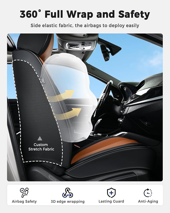 Huidasource Universal Car Seat Covers, Luxury Waterproof Faux Leather, Airbag Compatible, Easy to Install, Full Access to Seat Functions, Stain & Wear Resistant for Daily Driving, Brown & Black