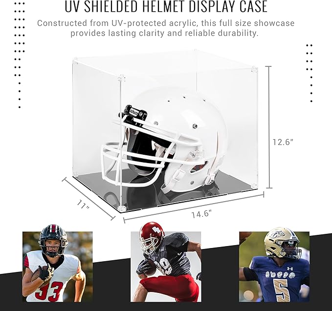 Football Helmet Display Case to Proudly Display your Team – Crystal Acrylic Dust and UV Protection Helmet Case with Black Base, Self-Assembly Clear Display Box for Football