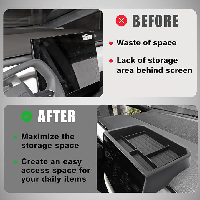 BestEvMod Center Console Screen Dash Organizer Compatible with Tesla Cybertruck 2026 2025 2024 Pickup Dashboard Organizer Back Storage Box Tray Custom fit (Screen Back Tray - ABS)