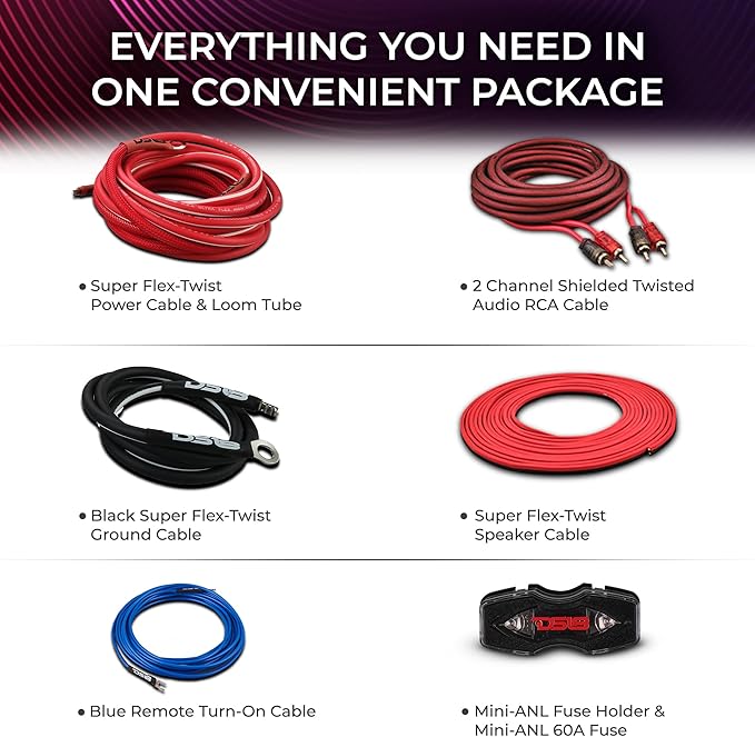 DS18 AKIT8.BL 8-GA Amplifier Installation Wiring Kit - Up to 840W Max, ANL Fuse Holder with 60A, Speaker & RCA Cables, CCA Amplifier Wiring Kit, Ultra Flex Wire, Amp Wire Kit 8 Gauge - Blue