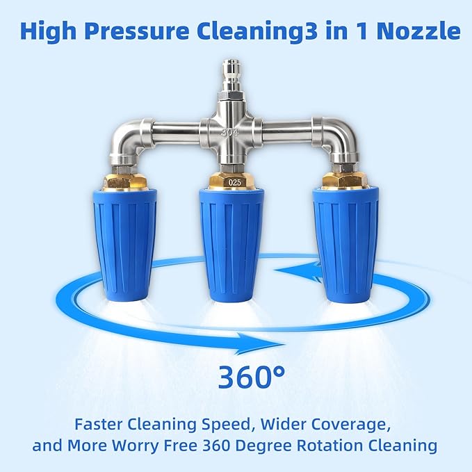 Triple Turbo Nozzle Pressure Washer, Triple Pressure Washer Nozzle, 360° Rotating 4000 PSI Turbo Nozzle with 1/4" Quick Connector 2.0 Orifice, 304 Stainless Steel for Driveway/Deck Clean(Blue)