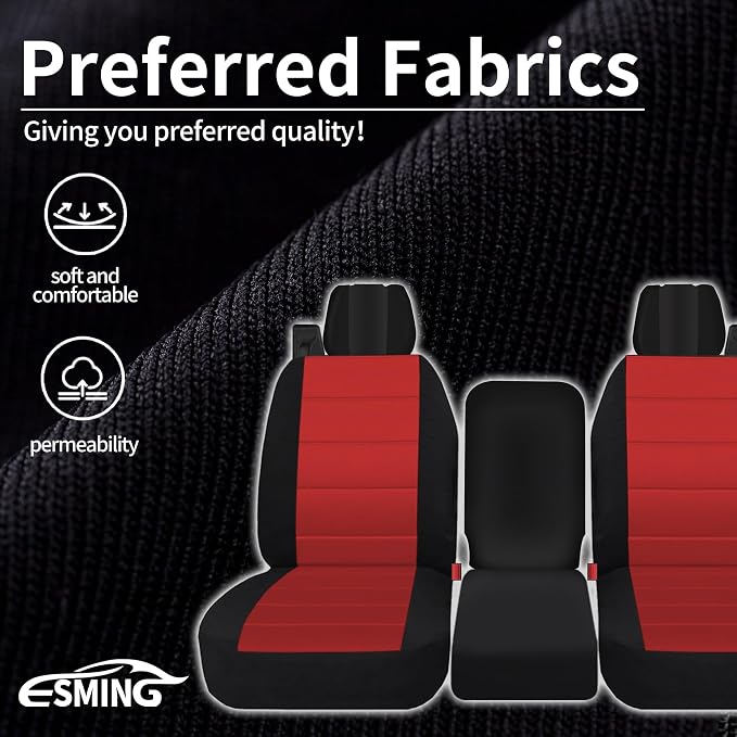 ESMING 40/20/40 Durable Oxford Fabric Front Split Bench Seat Covers for Ford F150 XL Standard Cab 2004 2005 2006 2007 2008 with Integrated Seatbelts & Solid Armrest-Red