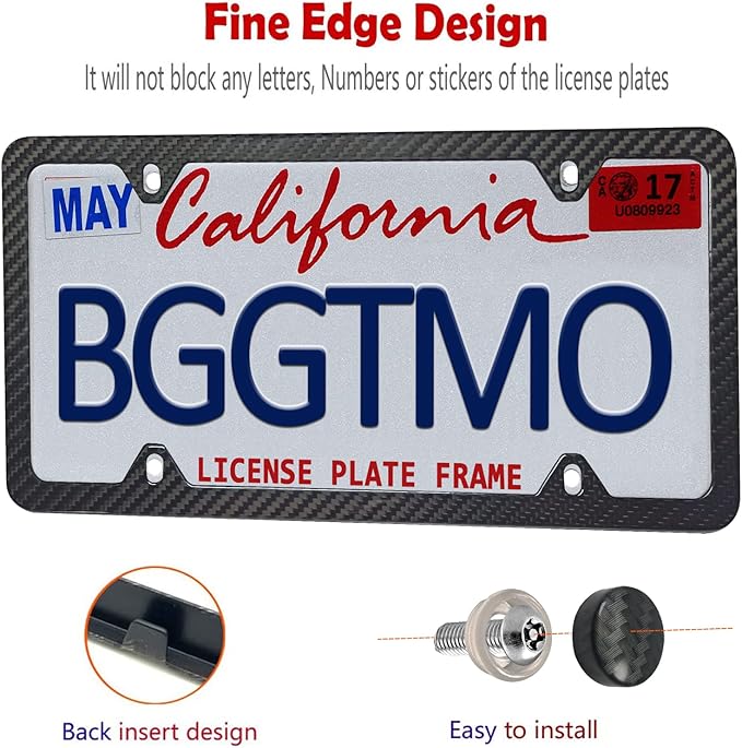 BGGTMO Carbon Fiber License Plate Frame-Stainless Steel License Plate Frames Handmade Covering 100% Real Carbon Fiber | Stainless Steel Tamper Proof License Plate Screws, 4 Hole Slim Frame 1 Pack