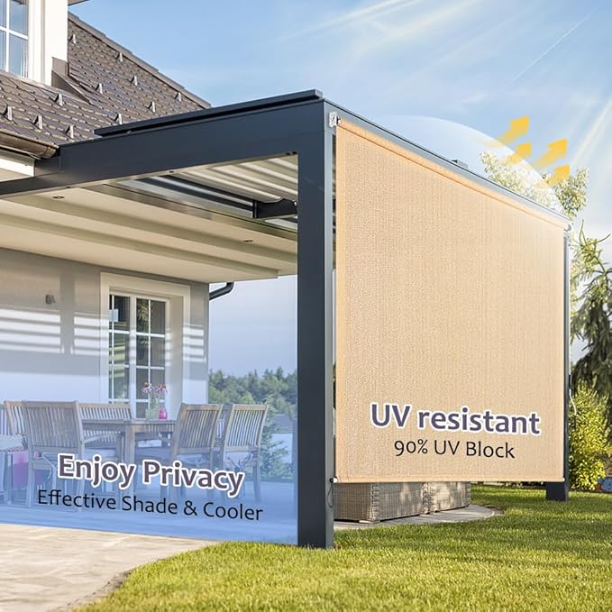 KELIXU Patio Shades Roll Up Outdoor Blind, 6' W x 8' H Cordless Sun Shade Privacy Screen with 90% UV Protection Exterior Roller Shade Cloth for Porch Pergola Backyard Windows Balcony, Walnut