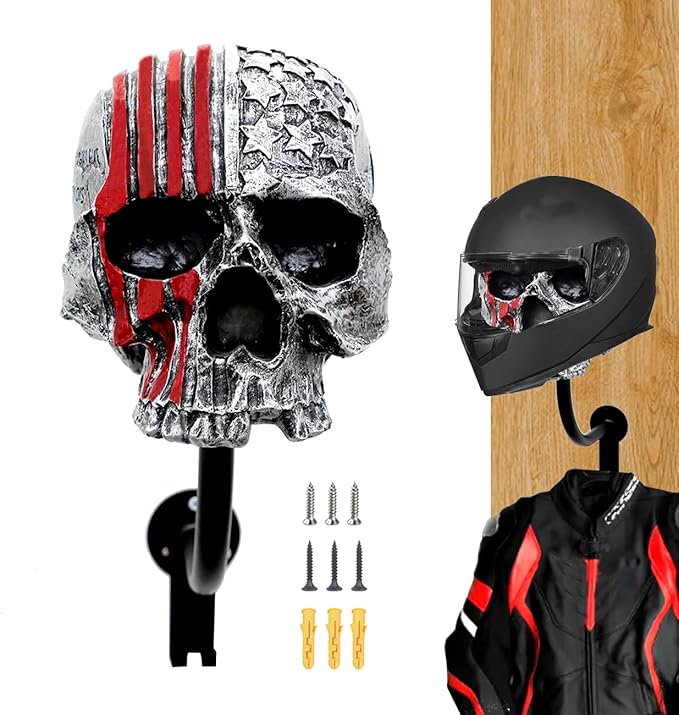 Motorcycle Helmet Rack Wall Mount,Red Skull Helmet Holder Wall Mount with 2 Hooks Helmet Hanger for Coats, Caps, Baseballs and Rugby Helmet,Motorcycle Accessories
