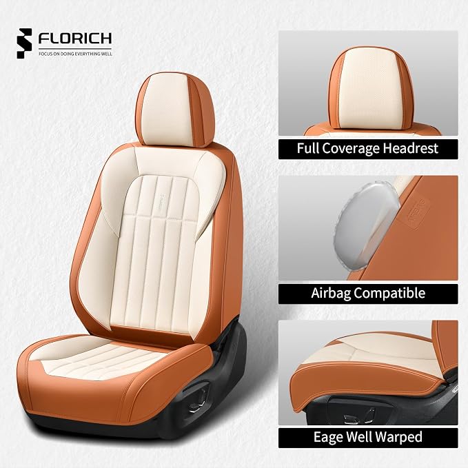 FLORICH Car Seat Covers Full Set, Leather Seat Covers for Cars, Waterproof Car Seat Protectors 5 Seats, Front and Rear Seat Covers for Cars, Automotive Seat Protector Fit for Most Car SUV - BrownBeige
