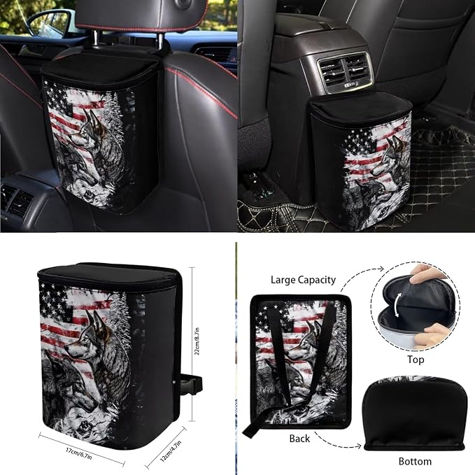 Wolf American Flag Pattern Auto Accessories Set of 10, Front and Rear Seat Covers Full Set, Steering Wheel Cover, Air Vent Storage Bag, Keychain, Car Trash Can, Cup Holders Car Interior Decor