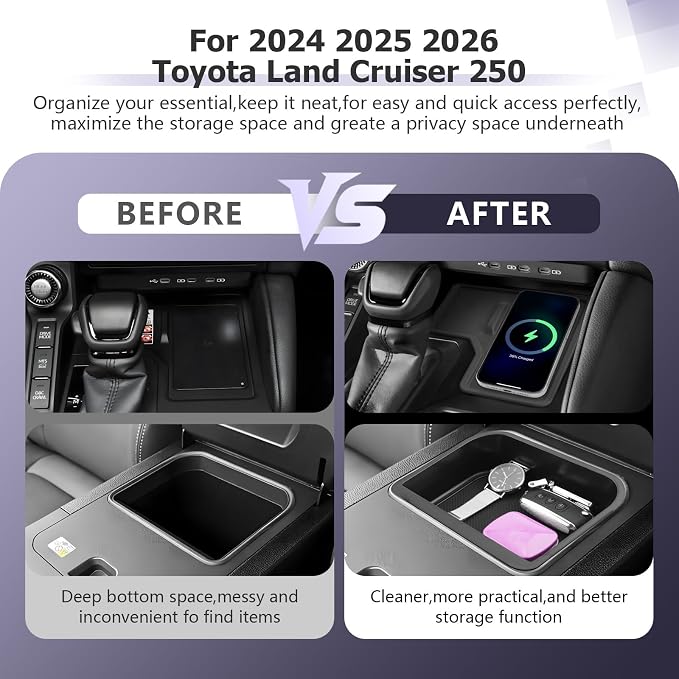 LUWU 2PCS 2026 Land Cruiser Center Console Organizer Compatible with Land Cruiser 2024 2025 2026 Accessories LC250 First Edition Center Console Storage Tray, Wireless Charging Pad (Only for Cool Box)