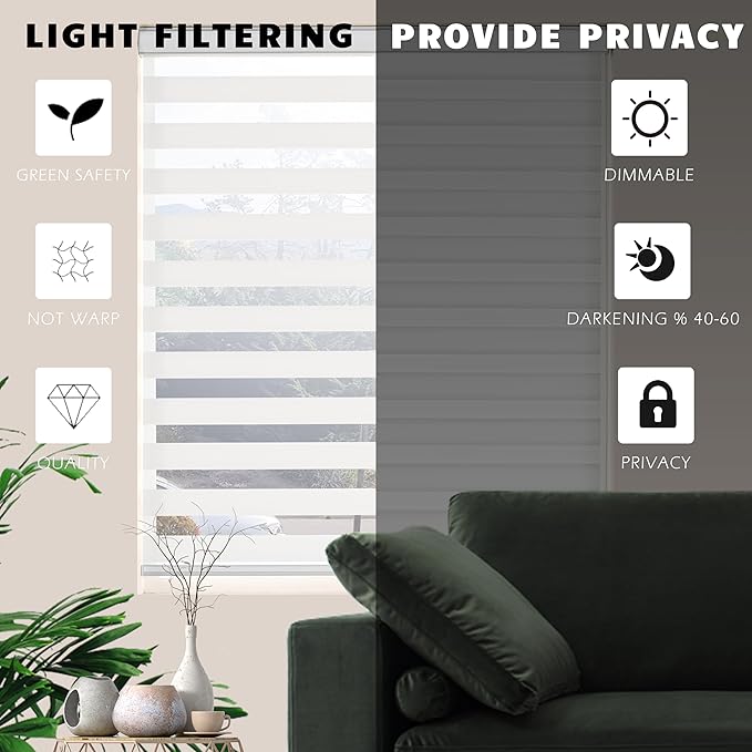 Zebra Blinds for Windows Dual Layer Light Filtering Privacy Free-Stop Sheer Shades Light Control for Indoor Windows Zebra Shades for Living Room(63" W X 72" H, White)