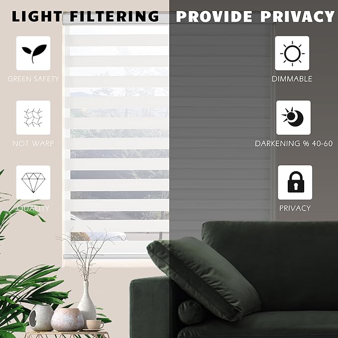 Zebra Blinds for Windows Dual Layer Light Filtering Privacy Free-Stop Sheer Shades Light Control for Indoor Windows Zebra Shades for Living Room(48" W X 72" H, White)