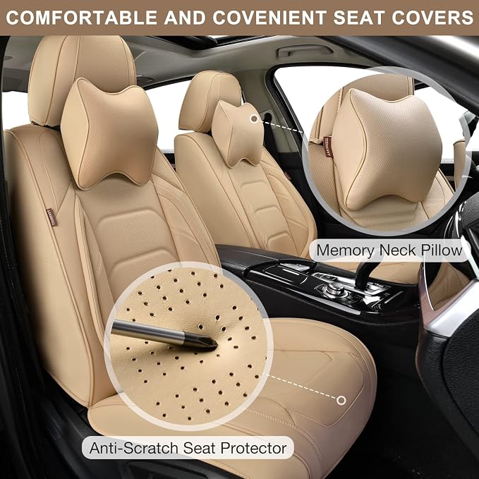 TIEHESYT Beige Car Seat Covers Front Pair, Breathable Leather Automotive Front Seat Covers & Headrest for Comfortable Driving, Compatible with Most Cars Sedans SUV Pickup Trucks