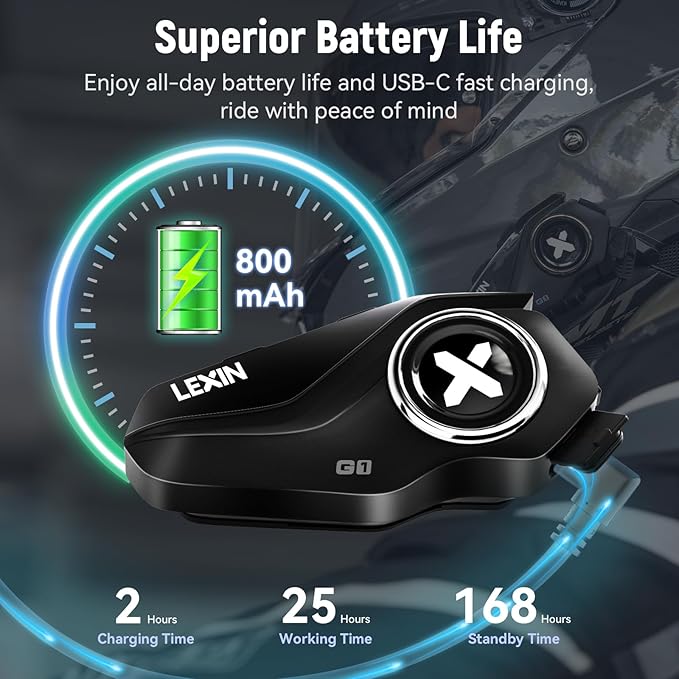 LEXIN G1 Motorcycle Bluetooth Headset, Helmet Speakers with 2 Type Mics, Hands-Free Call/Music/GPS, IP67 Waterproof Motorcycle Headphones with HD Stereo Loud Sound, 4 Color Faceplates, Single Use