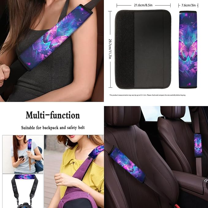 8 Pcs Purple Butterfly Car Interior Accessories Set for Women, Car Seat Cover Full Set with Automotive Steering Wheel Cover Auto Center Console Pad Seat Belt Pads