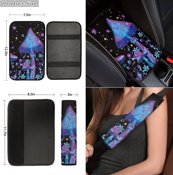10 Pcs Purple Mushroom Snail Car Seat Covers Combo Set, Front Seat Covers Steering Wheel Cover Wrist Strap Coasters Armrest Pad Shoulder Pads- Universal Fit for Cars Trucks and SUVs