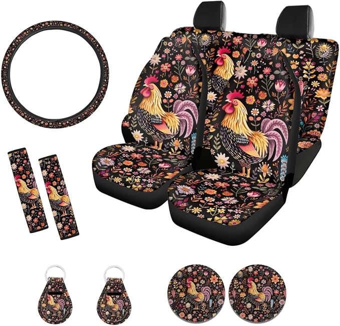 Suobstales Rooster Chicken Flower Print Car Seat Covers Set Interior Accessories Bucket Seat Cover Rear Split Bench Protection with Steering Wheel Covers,Seat Belt Cover Coaster,Keychains