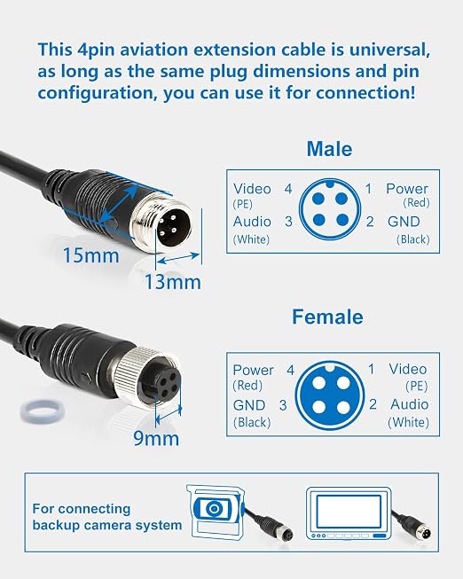 4 Pin Camera Extension Cable for Backup Camera(10M Extension Cable and 20M Extension Cable)