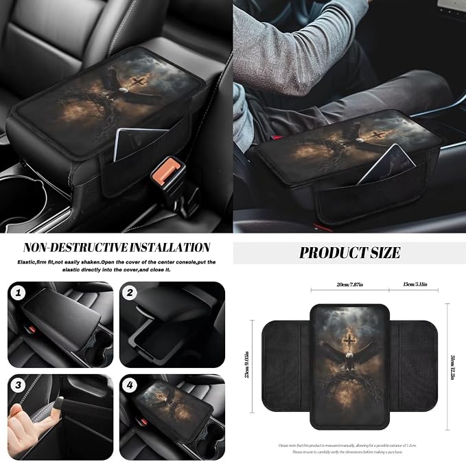 14Pcs Car Seat Covers Full Set Eagle Fire Cross Print Car Front Back Seat Covers with Steering Wheel Cover Armrest Cushion Safety Belt Pads Rearview Mirror Cover, Easy to Install