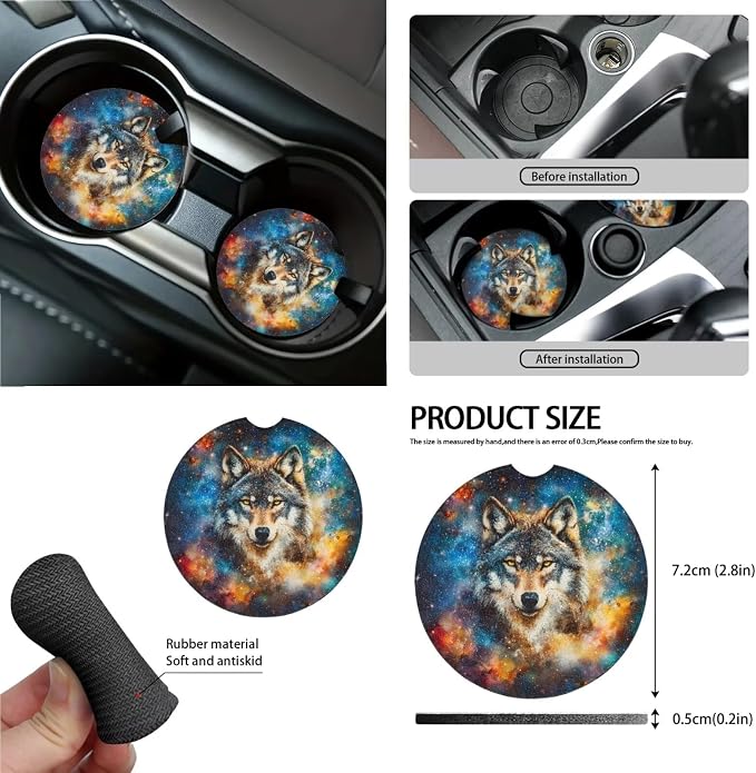 Wolf Galaxy Print Auto Seat Cushion + Steering Wheel Protector + Keychain + Mirror Cover + Seatbelt Pad + Air Vent Storage Bag + Trash Can + Cup Holders, Set of 15