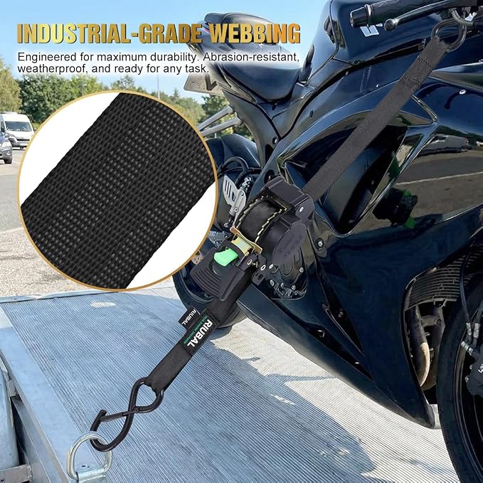 Retractable Ratchet Straps (4-Pack) - 1 Inch x 10 Feet (1,764lb Break Strength) - Auto Self Retracting Tie Down Straps Heavy Duty for Motorcycle, ATV, UTV, Truck, Cargo Trailer - Black