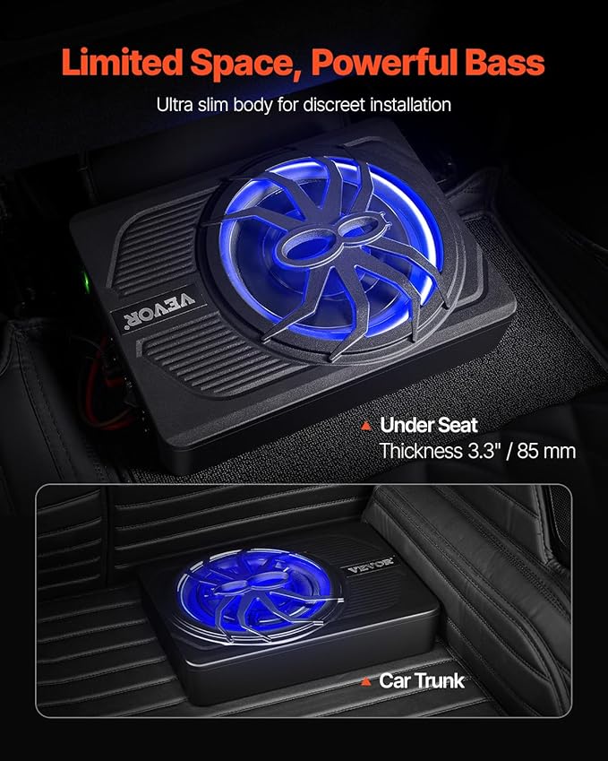 VEVOR 10" 440W Underseat Car Subwoofer, Slim Powered Car Subwoofers with Blue Ambient Light, Low Profile Audio Sub Under The Seat with Built-in Amplifier, Remote Controller for SUVs, Car, Truck, RV