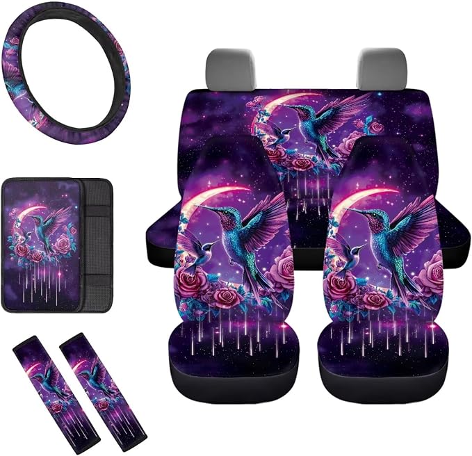 8 Pcs Moon Hummingbird Car Seat Covers Full Set Car Accessories for Women Front Seat Cover Steering Wheel Armrest Cover Seat Belt Cover for Auto SUV Interior Decoration