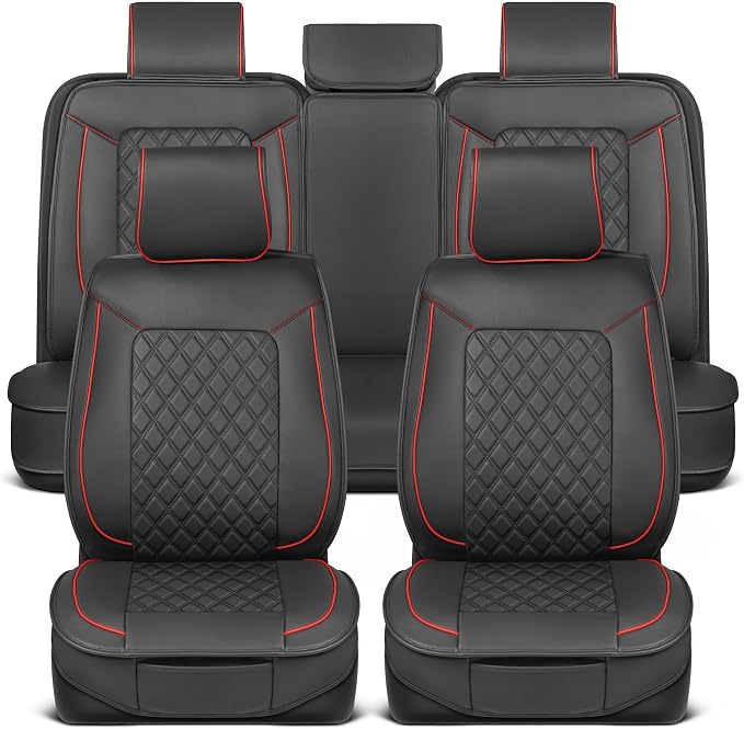 MotorBox Prestige Faux Leather Seat Covers Full Set' Semi-Universal Fit for Cars, Trucks & SUVs - Napa Style 2 Front Seat Covers + Rear Bench' Durable Interior Protector, Easy Install