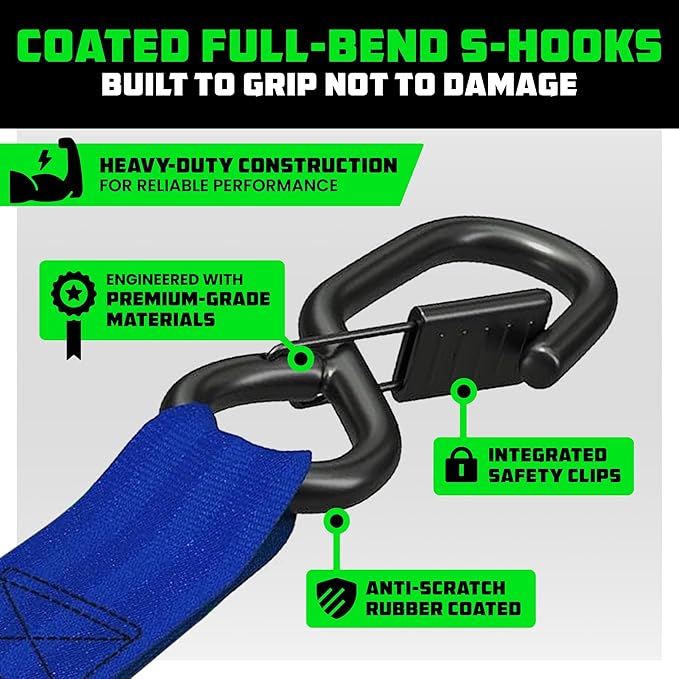 Rhino USA Ratchet Straps Heavy Duty Kit (4-Pack) - 1.6 Inch x 15 Feet Min Break Strength (5,000) - Ultimate Tie Down Straps with Safety S Hooks for Trucks, ATV, UTV, Motorcycle, Cargo & More - Blue