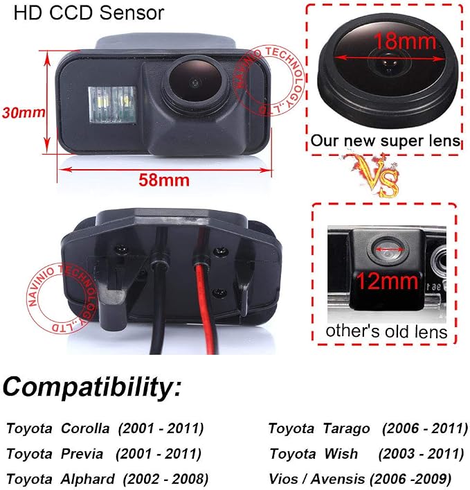 Super HD Vehicle Camera 1280x720 Pixels 1000 TV Lines Vehicle Car Rear View Backup Camera, 170° Viewing Angle Reversing Camera for Toyota Corolla Tarago Previa Alphard