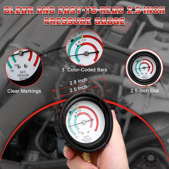 Pressure Tester Kit - Catalytic Converter Clog Diagnostic Tool with 2.5 PSI/Bar Gauge, 6FT Hose, M 12 / M 18 Adapters & ABS Case for Automotive Repair