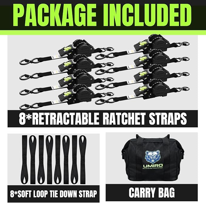 Retractable Ratchet Straps, 4-Pack, 1 Inch x 12 Feet Heavy Duty Tie Downs, 1760lb Break Strength, Self Retracting for Truck, Cargo, Trailer, Motorcycle, ATV, UTV (Black-Green, 8pack)