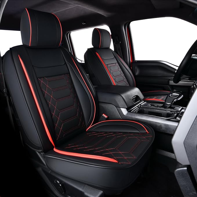 RISINGSTAR Silverado Sierra Faux Leather Seat Covers, Fit for 2014-2018 Chevy Silverado GMC Sierra 1500 and 2015-2019 2500HD 3500HD Crew Cab(Full Set, Black&Red)