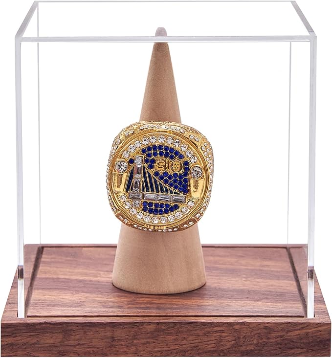 LITY Championship Ring Display Case, No Assembly Required Clear Acrylic Single Ring Holder with Wooden Stand Base for Sports Baseball Fan UV Protection(1 Pack)