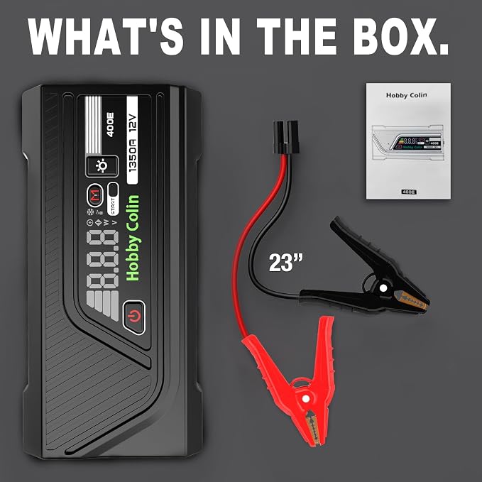 Hobby Colin 400E Car Jump Starter 12V 1350A Peak 1600mAh Battery Booster for 6.0L Gasoline and 3.5L Diesel Engines, LED Display, Indicators, Starter Cables