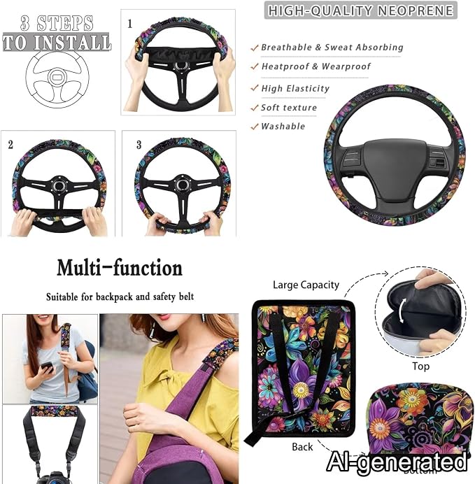 Dreaweet Boho Floral Car Seat Covers Full Set for Women Flower Car Accessories Set 15 Pcs Car Steering Wheel Cover Seat Belt Pad Trash Bag Vent Storage Bag Rearview Mirror Cover Car Coasters Keychain