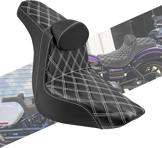 Motorcycles Driver Passenger Seat Cushion Pad One-Piece Seat Leather Pillion with Driver Backrest Fit for Harley Low Rider FXLR FXLRS Sport Glide FLSB 2018-Up (White Stitching)