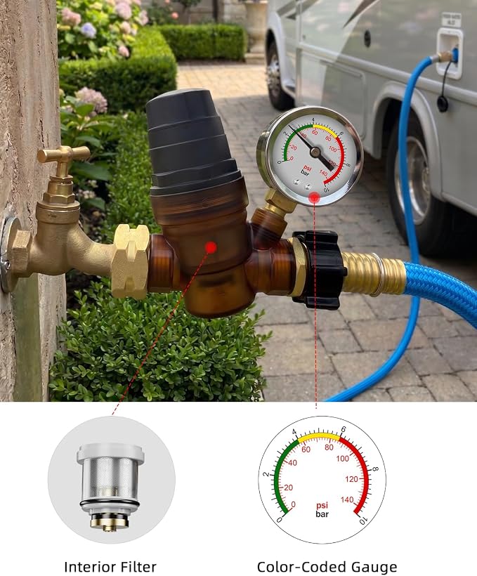 FOCSPROD RV Water Pressure Regulator, Rotatable Scale Adjustable Camper Water Pressure Reducer with Gauge, Inlet Screen Filter for Camper Travel Trailer