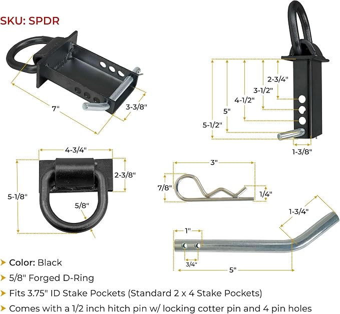 Mytee Products 2 Pack 5/8 Inch Stake Pocket D Rings, 18000 lbs | Heavy Duty Adjustable Trailer Stake Pocket Tie Down Utility for Flatbed Trucks & Trailer w/Hitch Pin, 4 Holes for Adjustment