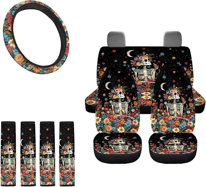 Skeleton Flower Print Auto Seat Covers Non Slip Steering Wheel Cover Seatbelt Pads Universal Fit for Cars Trucks SUVs Breathable Car Seat Cover Full Set, Black and Orange