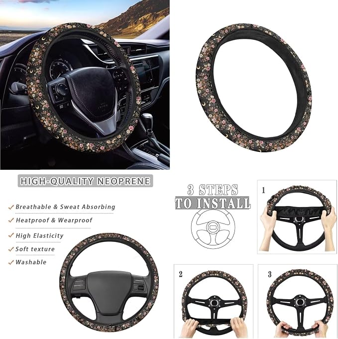 Butterfly Moon Rose Pattern Car Accessories Pack of 13, Comfortable Car Seat Covers Full Set, Steering Wheel Cover and Seat Belt Protector, Coasters with Finger Notch for Women and Men