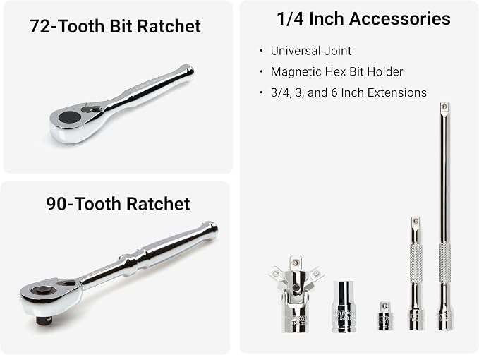 TEKTON 1/4 Inch Drive 6-Point Small Engine Shallow Socket, Bit, and Quick-Release Ratchet Set with Case (50-Piece) | SKT07902