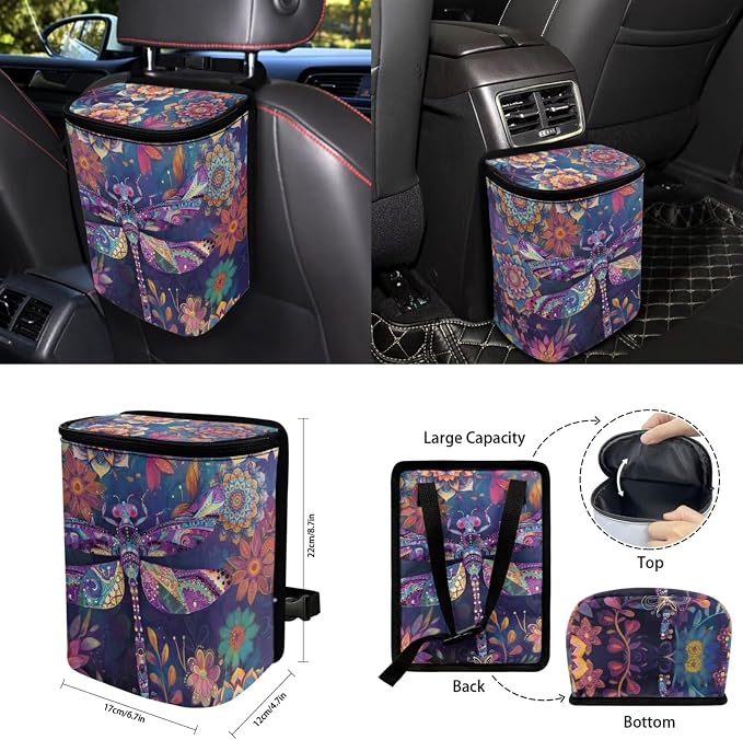 Boho Floral Dragonfly Auto Interior Accessories Car Seat Covers with Auto Steering Wheel Cover Seat Belt Covers Car Trash Can View Mirror Cover Coaster Keychains