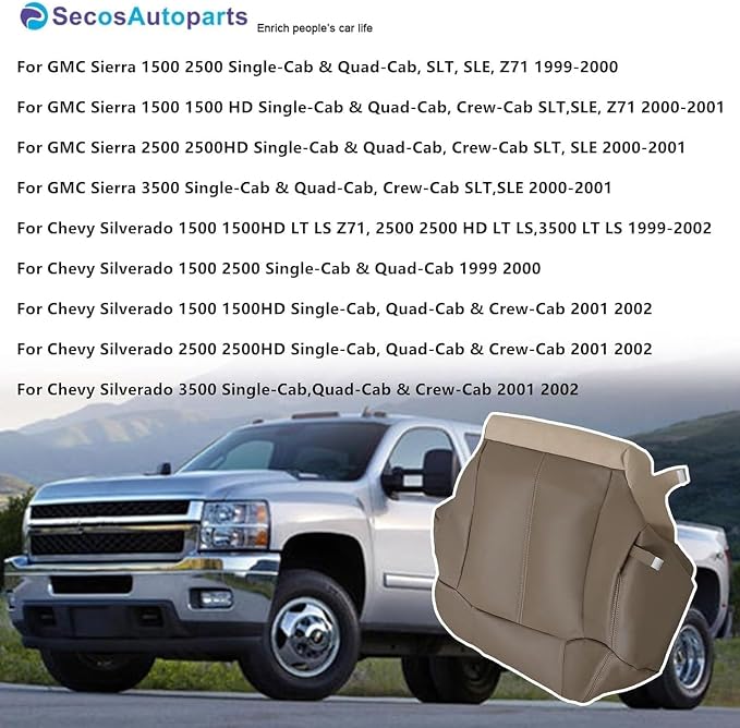 SecosAutoparts Driver & Passenger Side Bottom & Top Lean Back & Armrests Leather Seat Covers Med Tan Compatible with Chevy Silverado 1500 2500 1999 2000 2001 2002