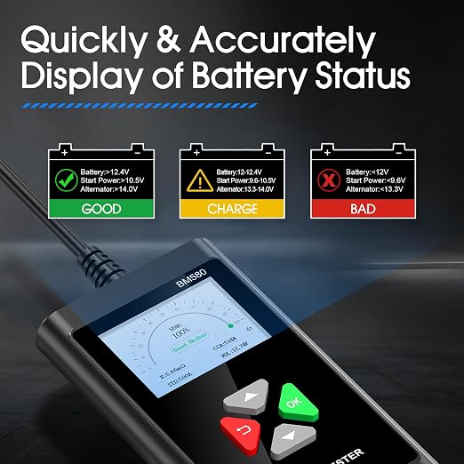 BM560 6V 12V Car Battery Tester, 100-2000 CCA Voltage Tester 2Ah-220Ah Digital Auto Battery Analyzer Internal Resistance Tester Automotive Alternator for Cars/Trucks/Motorcycles/Boats