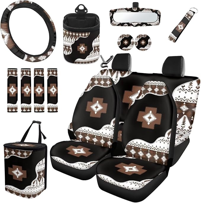 Dreaweet Navajo Seat Covers for Cars Full Set with Steering Wheel Cover Seatbelt Covers Car Coasters Trash Bag Air Vent Storage Bag Rearview Mirror Cover Keychain,Universal Car Accessories 15 Pcs