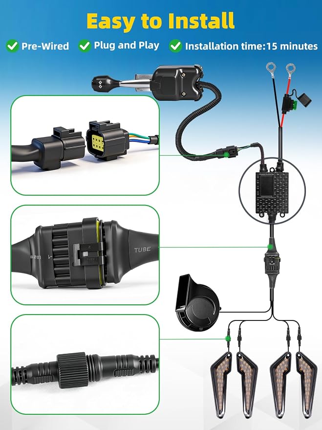UTV Turn Signal Kit with 110D Horn, Pre-Wired, Plug & Play UTV Universal Street Legal Blinker kit with Lever Column Switch, Compatible with Polaris, Can-Am, CFMOTO for Side By Side