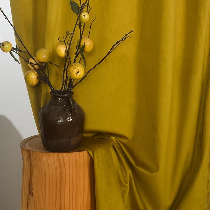 Roslynwood Luxury Soft Olive Yellow Velvet Curtains 84 inches Long Back Tab Thermal Insulated Blackout Window Drapes for Living Room/Bedroom/Dining Room, W52 x L84, 2 Panels