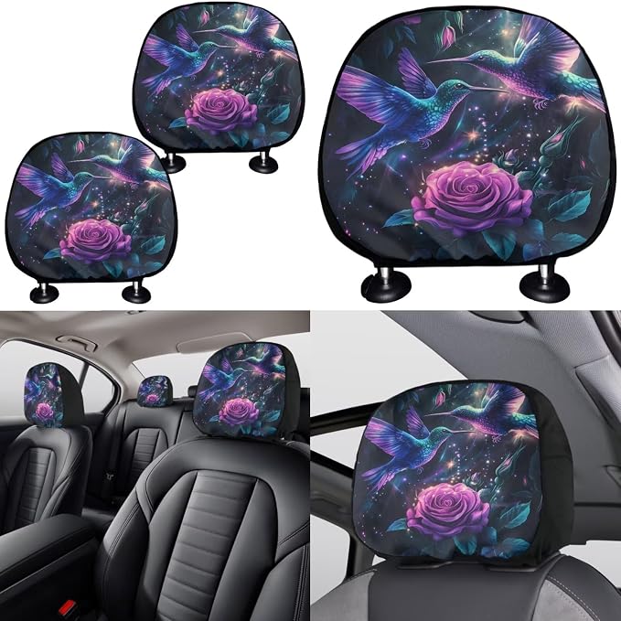 KEIAHUAN Purple Rose Hummingbird Car Seat Cover Full Set for Women with Steering Wheel Cover/Cup Coasters/Gear Shift & Handbrake Cover/Headrest Cushion Pads Fit Most Van Sedan Truck SUV